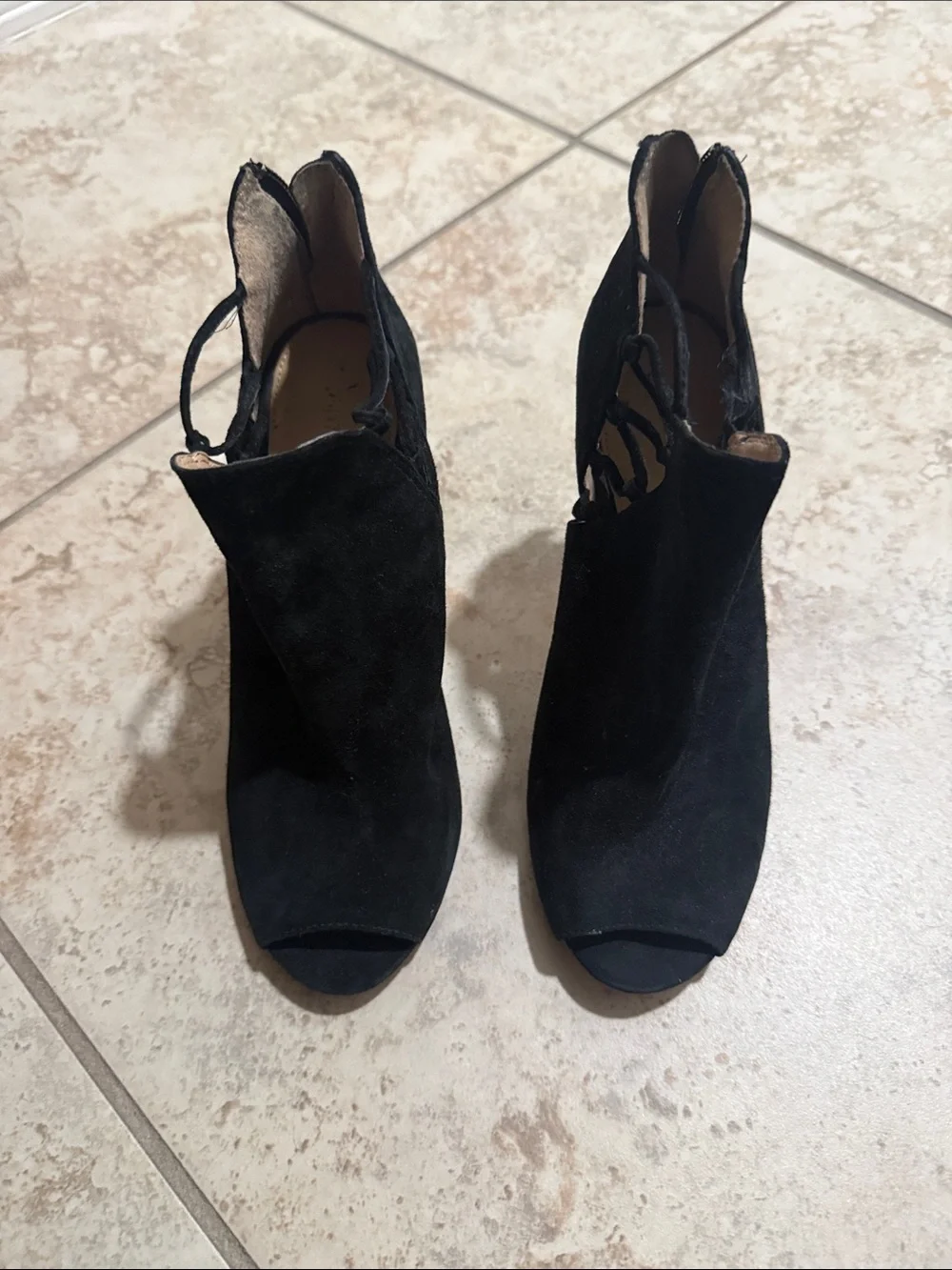 ANTONIO MELANI Black Suede Open-Toe Ankle Booties